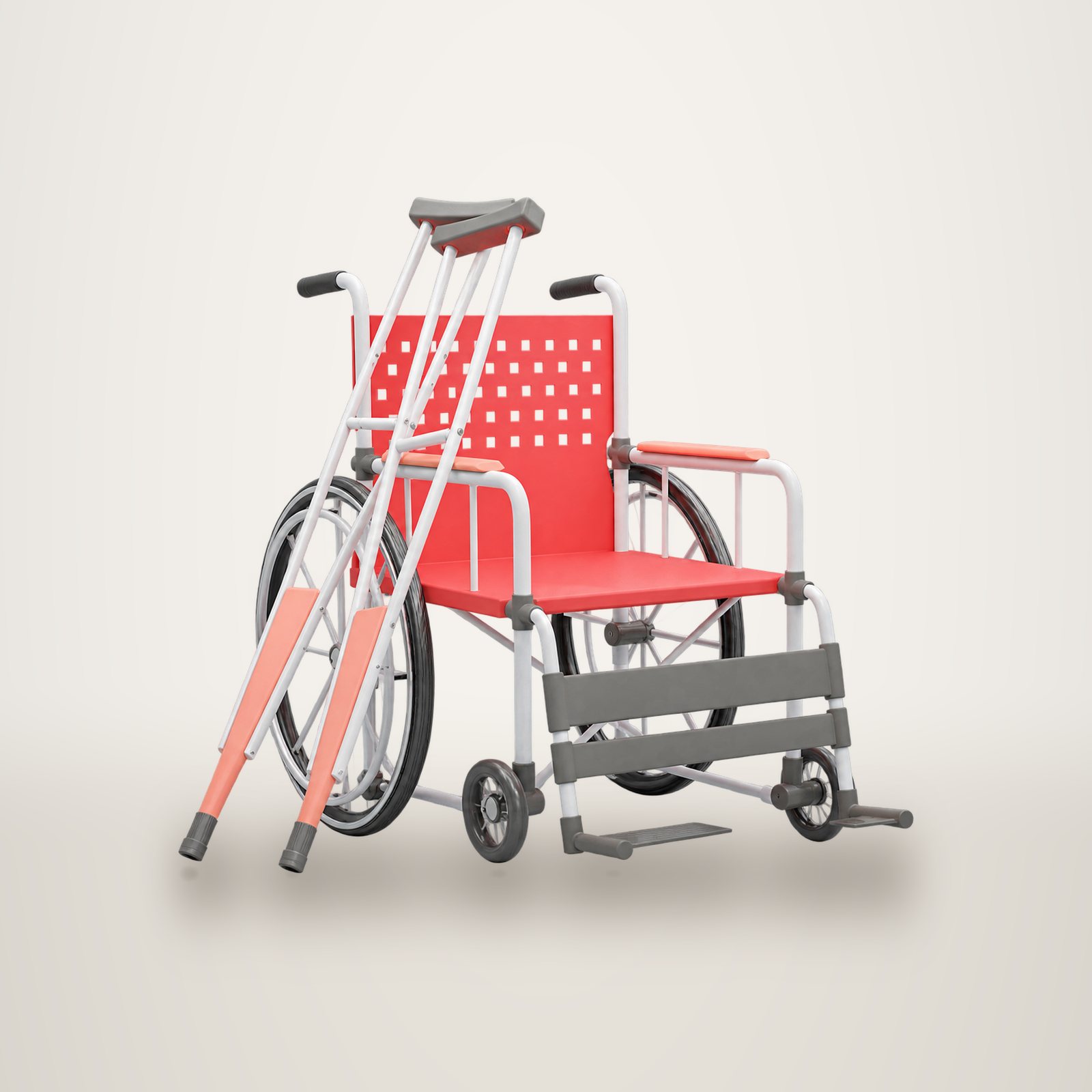 Fauteuil roulant rouge et deux béquilles.