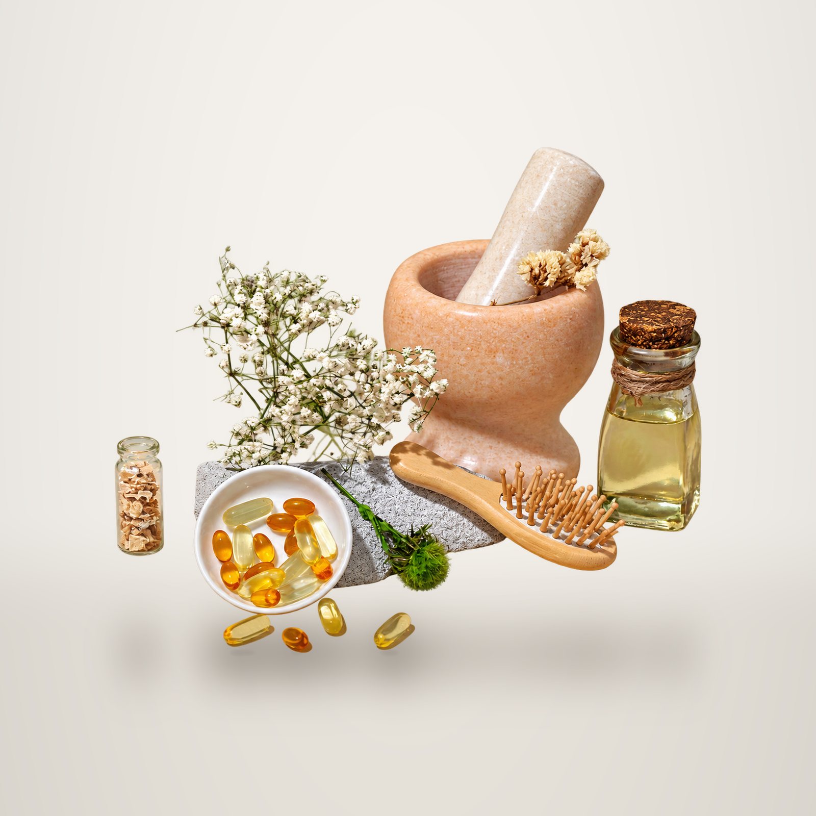 Mortier en terre cuite, flacon d’huile, capsules et gypsophile.