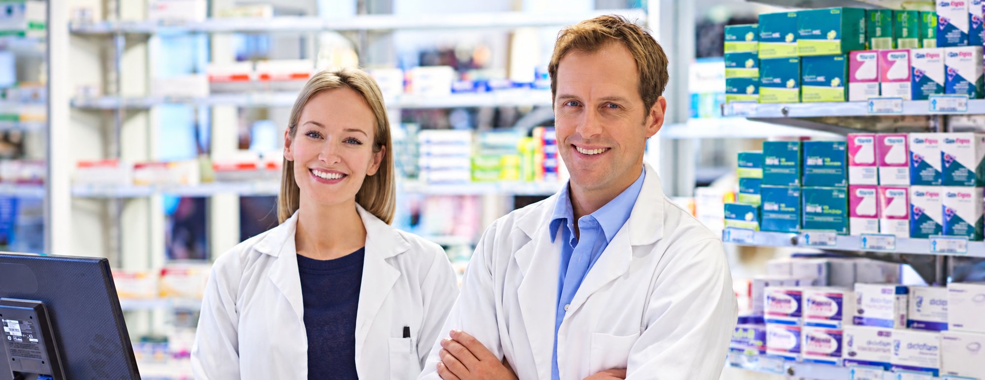 Une femme et un homme en blouse blanche posent en souriant dans une pharmacie, devant des étagères remplies de boîtes de médicaments.