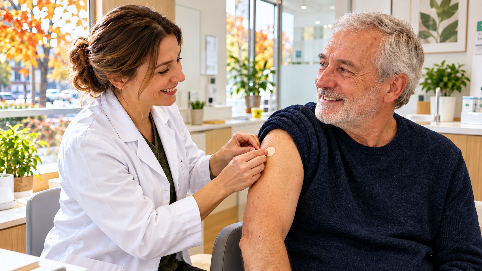 Dans un cabinet lumineux, une soignante en blouse blanche pose un pansement sur le bras d'un homme âgé souriant, assis en pull bleu marine.